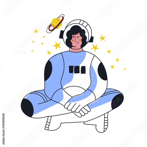 Calm astronaut woman in spacesuit and helmet in yoga pose flat vector illustration. Girl cosmonaut character. Female tourist travel in cosmos. Astronaut cartoon people isolated on white background