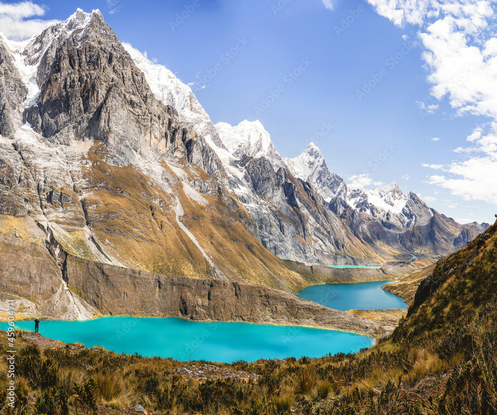 Viewpoint of the three lagoons of three colors of the Cordillera de los Andes Huayhuash Peru