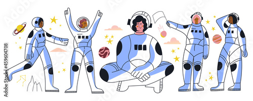 Fotografia Set of astronaut women in spacesuit and helmet in different poses flat vector illustration