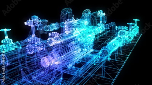 Industrial equipment electric oil pump. Glowing lines formation of pump. Equipment for pumping heavy oil.