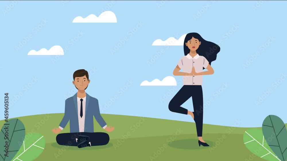 business persons practicing yoga characters business persons practicing yoga characters