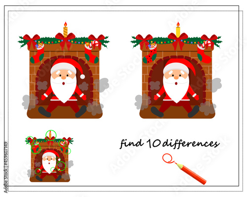 A logical game for children, find the differences. Santa in the fireplace, Christmas. Vector