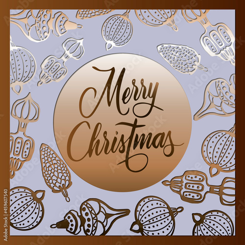 Cute Christmas card. Merry Christmas. Picture with the effect of hollowed out silhouettes of Christmas tree decorations on a gold background.
Web