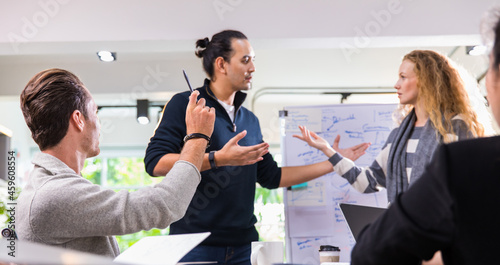 Fotografija Caucasian two angry business people making problem conflict argument, disagreement, disputing while presenting marketing plan