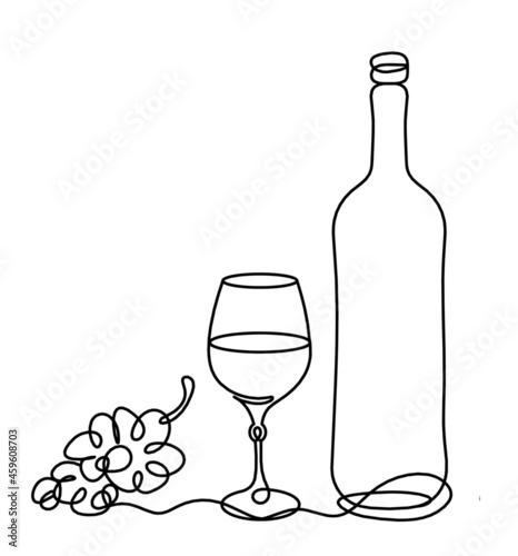 Drawing line bottle of champagne or wine on the white background. Vector