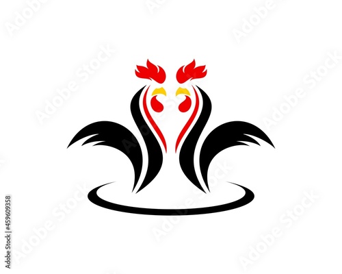 Two black rooster and swoosh with red crested