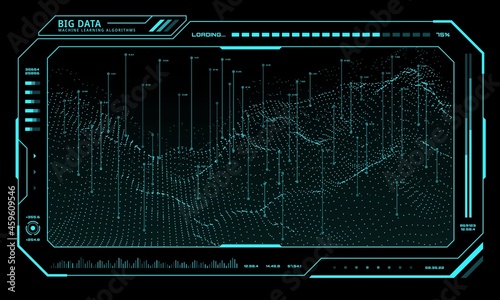 Big Data technology network, futuristic UI HUD on digital display, vector. Screen monitor interface background. Big Data analysis and future HUD infographic line waves and analytics flow chart graph