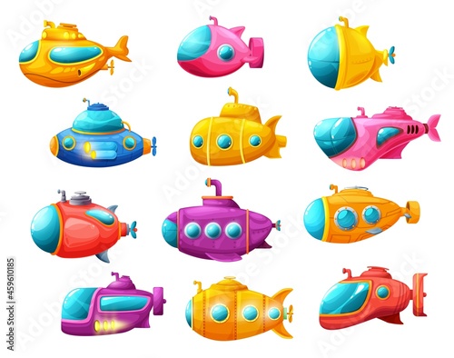 Cartoon isolated underwater sea submarines with periscope. Vector deep-sea subs for water transportation. Game elements for kids, marine vehicles isolated on white background