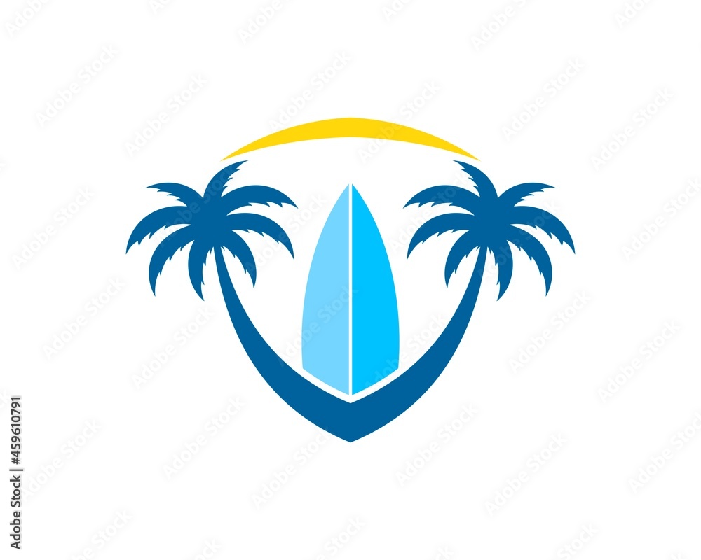 Abstract shield with palm tree and surf board inside Abstract shield with palm tree and surf board inside