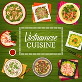 Vietnamese cuisine vector prawn soup pho, shiitake mushroom soup pho or vegetable lamb salad. Beef noodle soup pho bo, spinach prawn salad, eggplant stew and shrimp salad Vietnam food cartoon poster