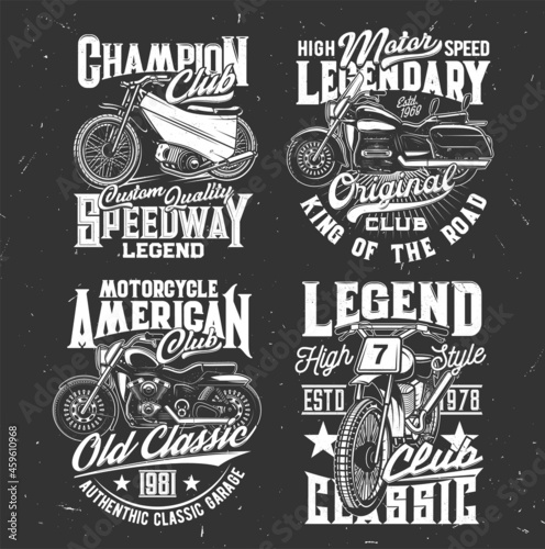 Tshirt prints with racing off road bikes, vector design for sports team apparel. T shirt emblems with custom motorcycles and typography. Monochrome isolated white labels on black grunge background set