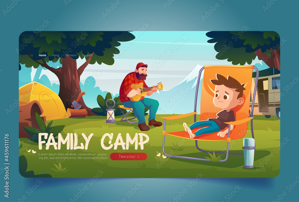 Family camp banner. Campsite with tent, van, man with guitar and boy in chair. Vector landing page with cartoon landscape with mountains, green trees, grass and tourists. Father and child on picnic - obrazy, fototapety, plakaty 