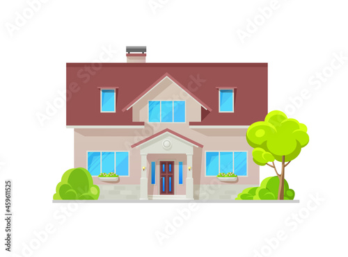 Modern home building exterior framed by natural stone wall trim, architecture. Suburban house or residential vector building facade of mansion or cottage villa, family townhouse or bungalow lodge