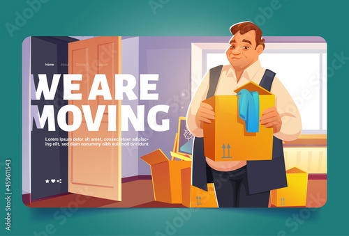 We are moving banner with man holding cardboard box. Vector landing page of house relocation, move service with cartoon illustration of room with carton boxes and character carrying cargo