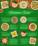 Vietnamese cuisine vector menu template vegetable lamb salad, beef noodle soup pho bo and spinach prawn salad. Eggplant stew, shrimp and mango salads and shiitake mushroom soup pho meals of Vietnam