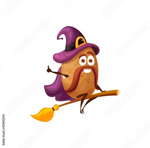 Potato wizard flying on magic broom in magician hat and cape isolated funny cartoon character with mustaches on face. Vector fairy sorcerer kids children food, vegetable or veggie kawaii emoticon