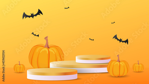 Halloween Podium 3d illustration template with Group of ghost pumpkins and bat , for content online or web, banner and template , illustration Vector EPS 10