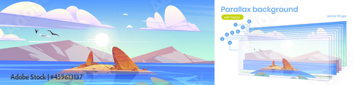 Parallax background ocean or sea nature 2d landscape with shallow or land with rocks under fluffy clouds and gulls flying in sky. Seascape with separated layers for game, Cartoon vector illustration