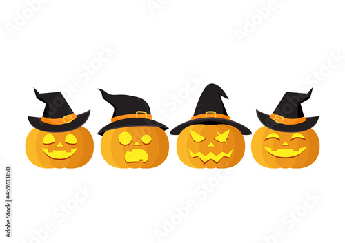 Halloween pumpkin wearing a witch hat. Halloween pumpkin character.