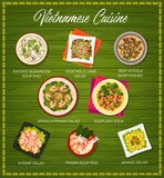 Vietnamese cuisine vector menu cover shiitake mushroom soup pho, vegetable lamb salad and beef or noodle soup pho bo. Spinach prawn salad, eggplant stew and shrimp or mango salads Vietnam food meals