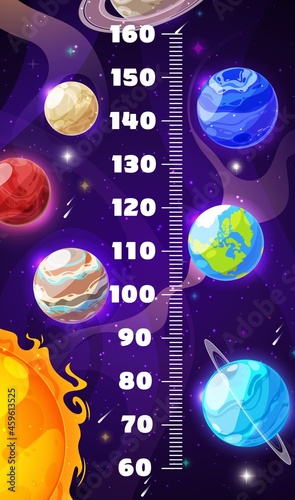 Kids height chart, cartoon galaxy space planets, vector growth measure ruler. Kids height chart or baby scale with galaxy space planets, sun, moon and earth or Saturn in asteroids and meteors sky