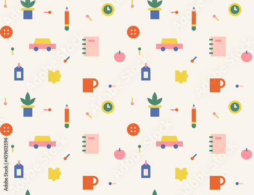 Small cute office supplies toy icon. Simple pattern design template.