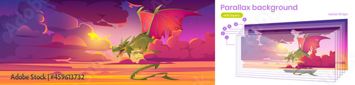 Parallax background for game, with dragon in sky, fantastic character 2d layered animation, magic creature flying in beautiful heaven with purple clouds, fairytale scene Cartoon vector illustration © klyaksun