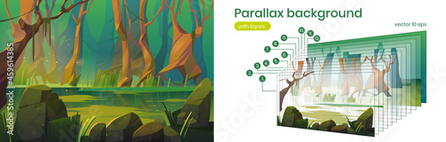 Parallax background swamp in forest, 2d landscape oozy green water pond in deep wood. Ui interface or wallpaper with cartoon nature. Computer adventure game, fantasy mystic wild lake, vector art scene