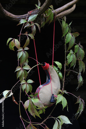 A wineskin hung on horns and wrapped with a vine