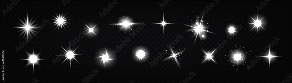 Star light glow, , shiny vector glare, bright white twinkle or explosion effect with radiant beams. Sparkles and magic flare graphic design elements, glitter and fireworks isolated realistic 3d set - obrazy, fototapety, plakaty 