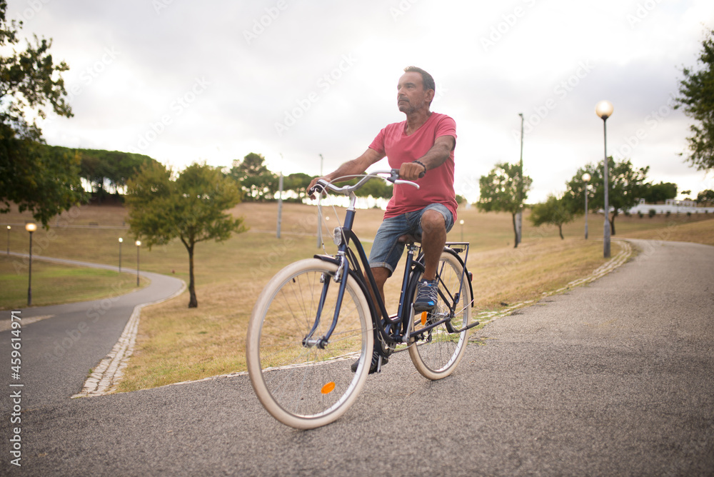 Confident mature man riding bike along park road. Portrait of active senior man on bicycle. Active seniors concept