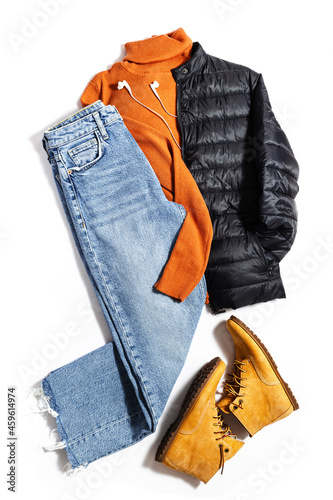 Obraz na plátně Autumn warm clothing, comfort red shoes, yellow sweater or turtleneck, blue jeans isolated on white