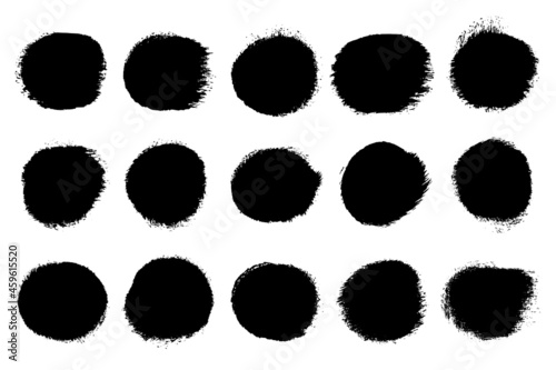 Set of black grunge texture round shape isolated on white background. Grainy textured design elements. Vector illustration, eps 10.
