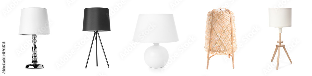 Stylish table lamps on white background - obrazy, fototapety, plakaty 