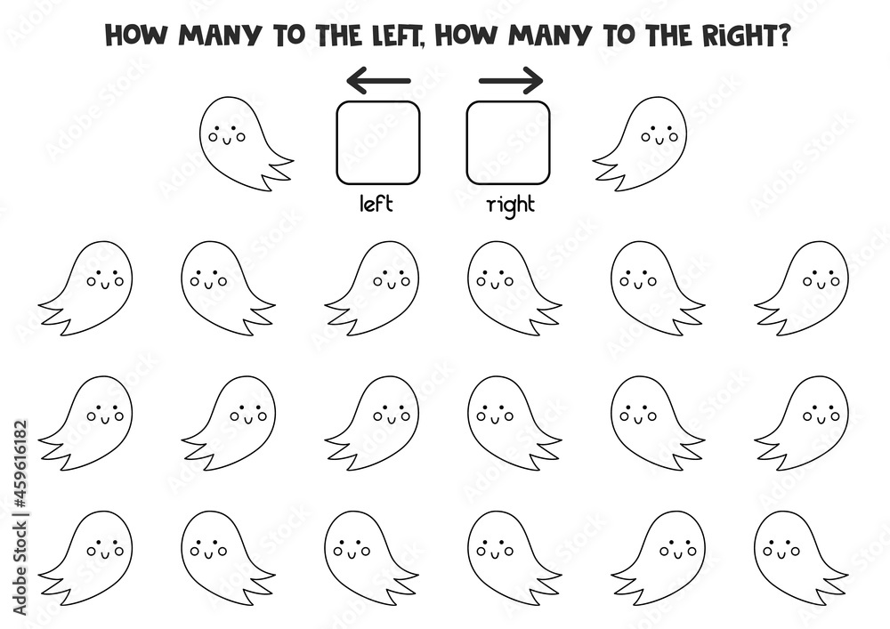 Left or right with cute black white Halloween ghost. Logical worksheet for preschoolers.