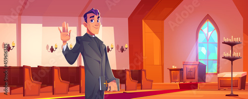 Catholic priest with Bible stand in church interior with altar, wooden benches, tall arch window and candles. Pastor, clergy man in cathedral room for religious praying, Cartoon vector illustration