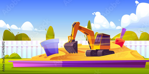 Sandbox on playground, kids sand box with toys plastic bucket, excavator and shovel, sandpit at house back yard with white fence under blue cloudy sky at summer time, Cartoon vector illustration