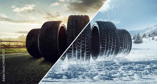 Sommer und Winter Autoreifen auf eine Straße  photo