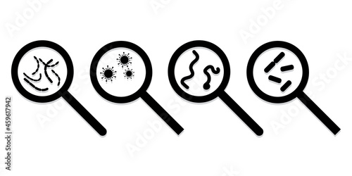 Black bacille sign. Biology concept. Magnifying glass with bacteria. Science backdrop. Vector illustration. Stock image. 