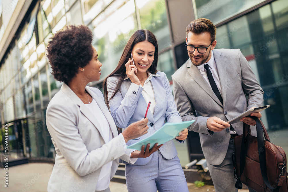 Group of business team meeting outside. Employed with the boss. Group of business team meeting outside. Employed with the boss.