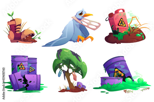 Nature pollution, environment contamination with toxic wastes and plastic. Sprouts grow in old boot, trash hang on tree, unhappy bird stuck in garbage, barrels with poisonous liquid Cartoon vector set photo