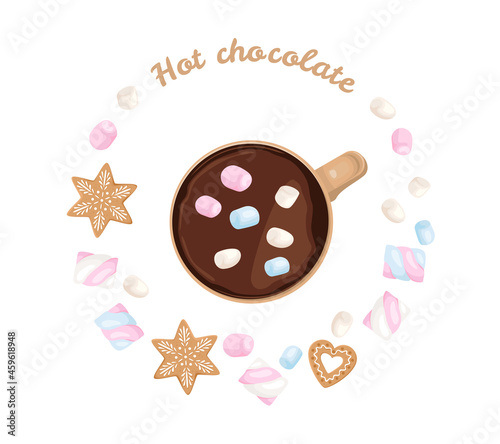 Hot chocolate or cocoa with marshmallows in cup and gingerbread cookies. Top view.