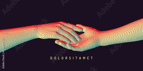 Hands reaching towards each other. Concept of human relation, togetherness or  partnership. Pixel cube art. 3D vector illustration. Can be used for advertising, marketing or presentation.