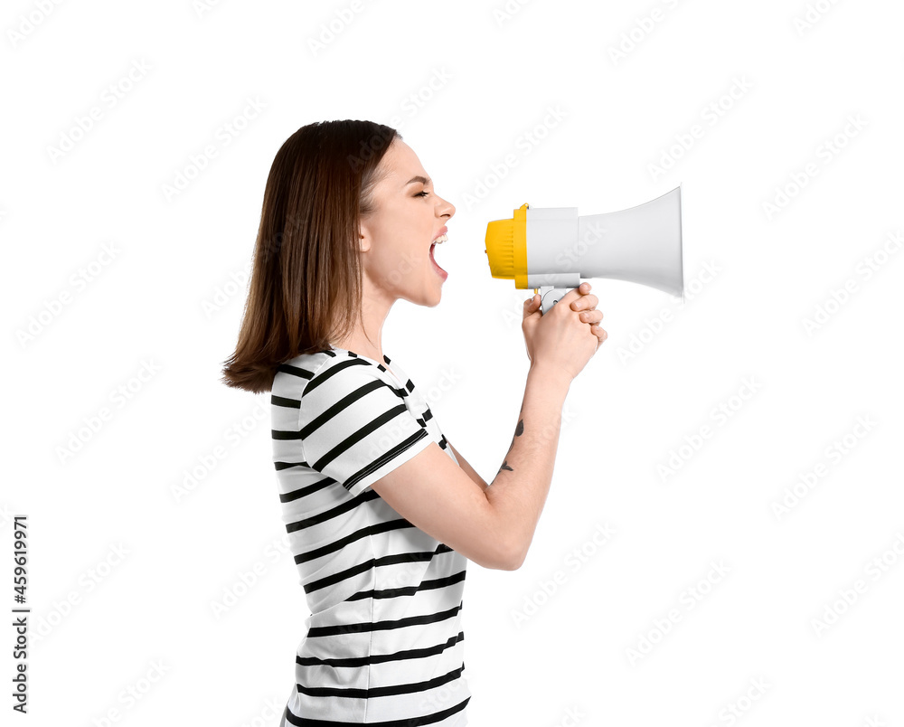 Protesting woman with megaphone on white background Protesting woman with megaphone on white background