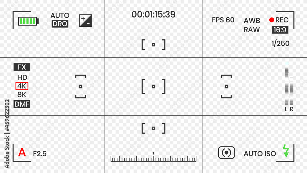 Camera viewfinder video or photo frame recorder flat style design vector illustration. Digital camera viewfinder with exposure settings and focusing grid template.