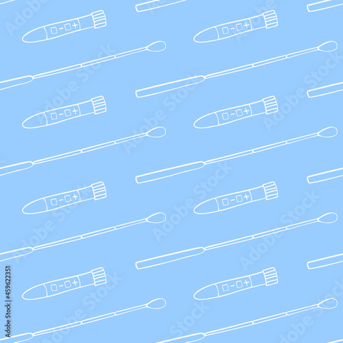 Seamless pattern with Test tubes, beakers and swabs isolated on white background. Covid-19 test. Blood samples. Flu analysis for laboratory. Vector outline doodle Medical backgrounds and textures