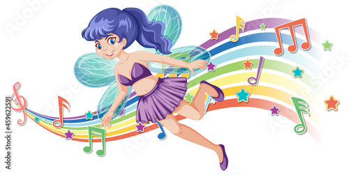 Cute fairy cartoon character with melody rainbow wave