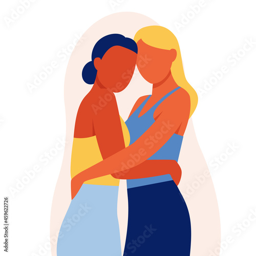 A woman embraces her friend and they look to each other. Concept of fighting for equality and female empowerment movement. Vector illustration. Two girlfriends hugging