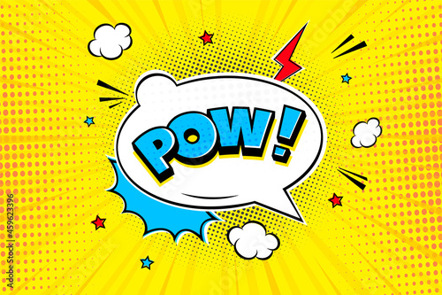 Pow comic speech bubble halftone shadow text expression retro comic style flat design. Dynamic pop art vector illustration isolated on dynamic ray background.