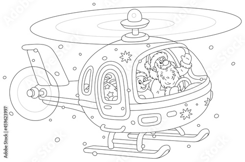 Santa Claus with a toy snowman friendly smiling, waving in greeting and piloting a helicopter with Christmas gifts, black and white outline vector cartoon illustration for a coloring book page